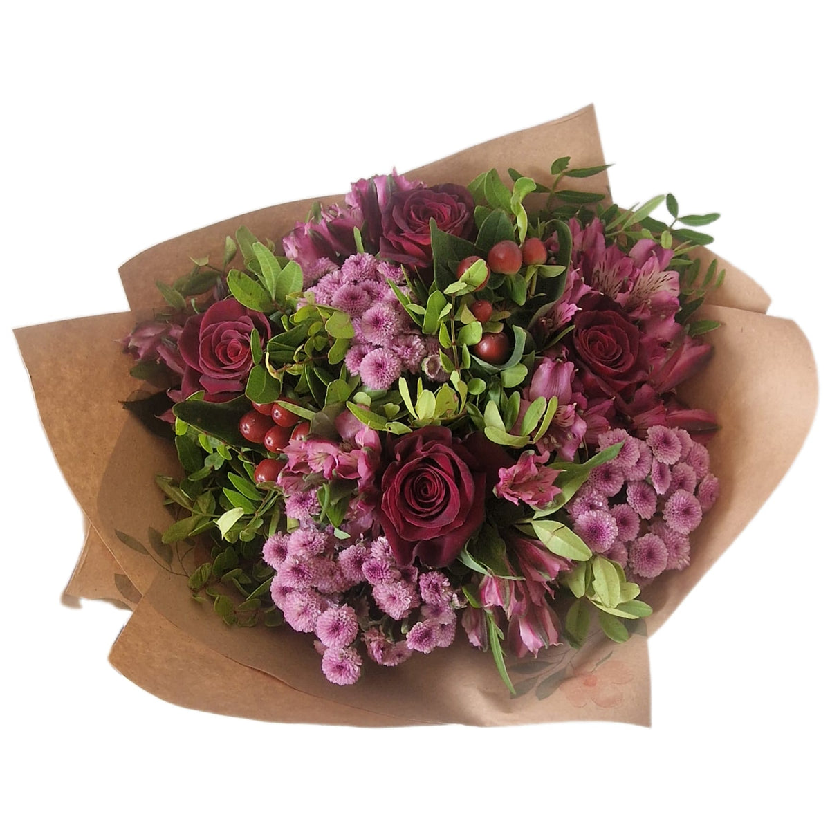 Ramo de rosas, crisantemos dotty pink y alstroemelia
